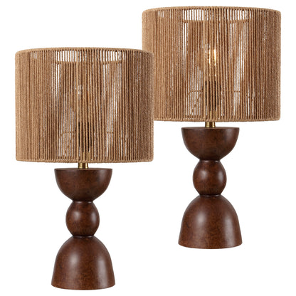 Sherry 22" Bohemian Coastal Hourglass Totem Resin with Hand-Woven Paper Rope Drum Shade LED Table Lamp, Set of 2