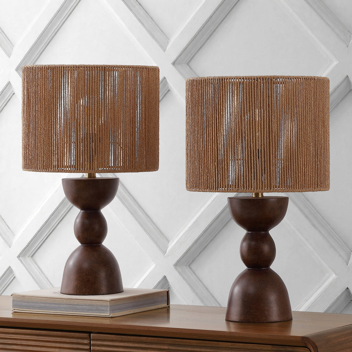 Sherry 22" Bohemian Coastal Hourglass Totem Resin with Hand-Woven Paper Rope Drum Shade LED Table Lamp, Set of 2