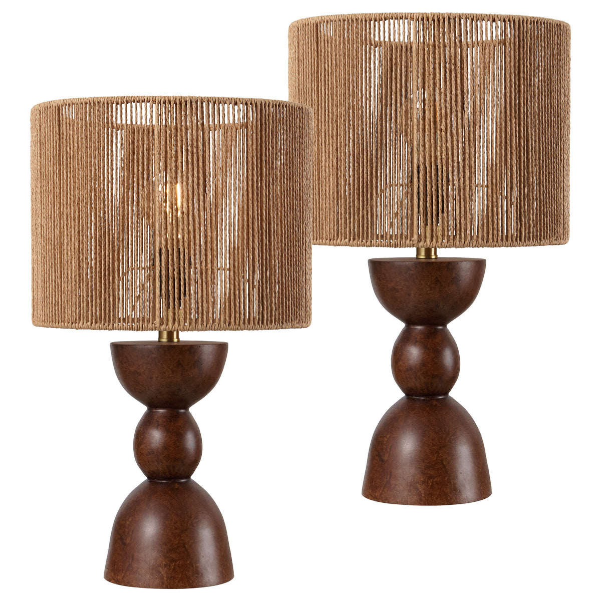 Sherry 22" Bohemian Coastal Hourglass Totem Resin with Hand-Woven Paper Rope Drum Shade LED Table Lamp, Set of 2