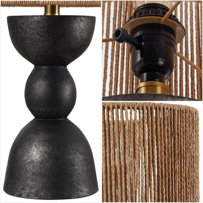 Sherry 22" Bohemian Coastal Hourglass Totem Resin with Hand-Woven Paper Rope Drum Shade LED Table Lamp, Set of 2