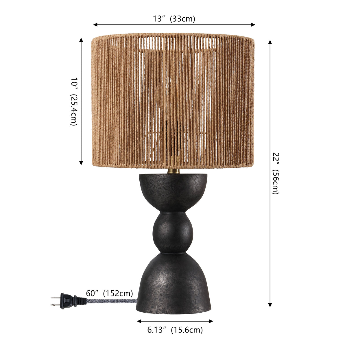 Sherry 22" Bohemian Coastal Hourglass Totem Resin with Hand-Woven Paper Rope Drum Shade LED Table Lamp, Set of 2