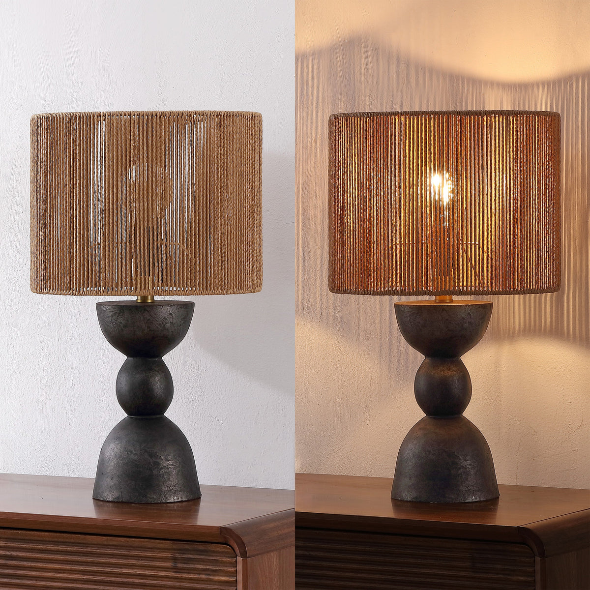 Sherry 22" Bohemian Coastal Hourglass Totem Resin with Hand-Woven Paper Rope Drum Shade LED Table Lamp, Set of 2