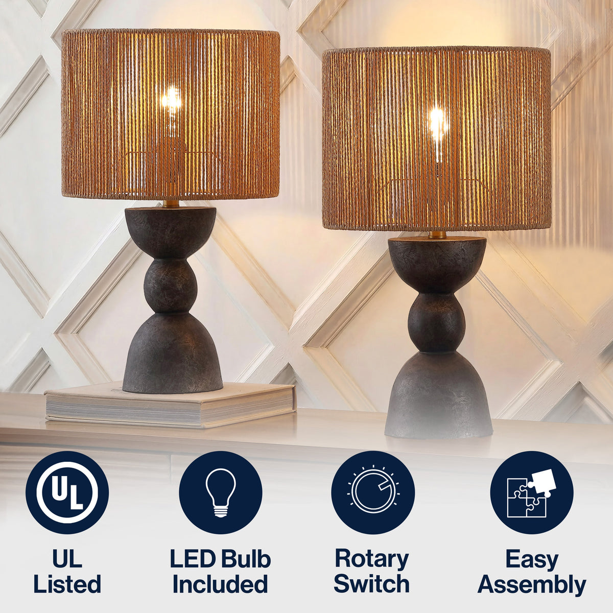 Sherry 22" Bohemian Coastal Hourglass Totem Resin with Hand-Woven Paper Rope Drum Shade LED Table Lamp, Set of 2