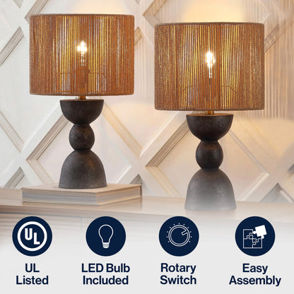 Sherry 22" Bohemian Coastal Hourglass Totem Resin with Hand-Woven Paper Rope Drum Shade LED Table Lamp, Set of 2