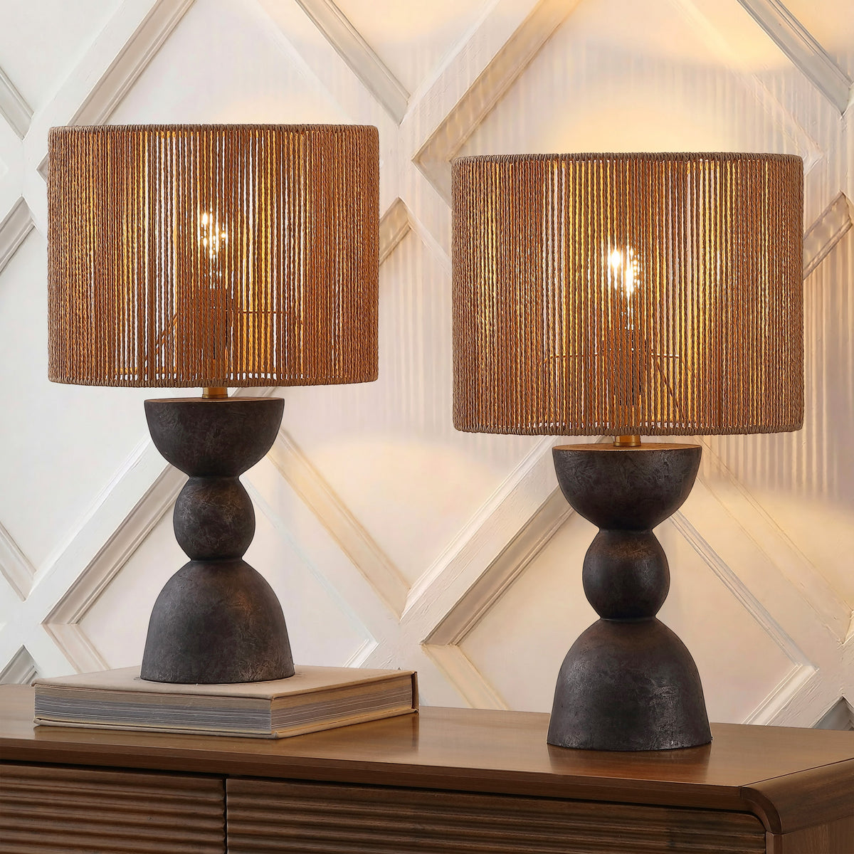 Sherry 22" Bohemian Coastal Hourglass Totem Resin with Hand-Woven Paper Rope Drum Shade LED Table Lamp, Set of 2