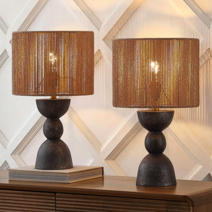 Sherry 22" Bohemian Coastal Hourglass Totem Resin with Hand-Woven Paper Rope Drum Shade LED Table Lamp, Set of 2