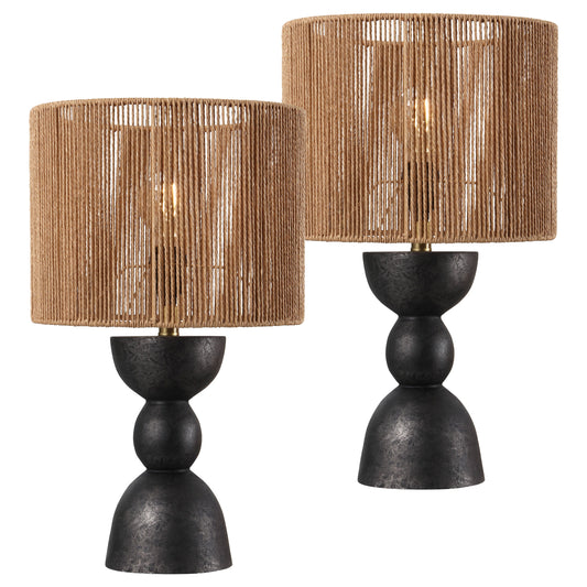 Sherry 22" Bohemian Coastal Hourglass Totem Resin with Hand-Woven Paper Rope Drum Shade LED Table Lamp, Set of 2