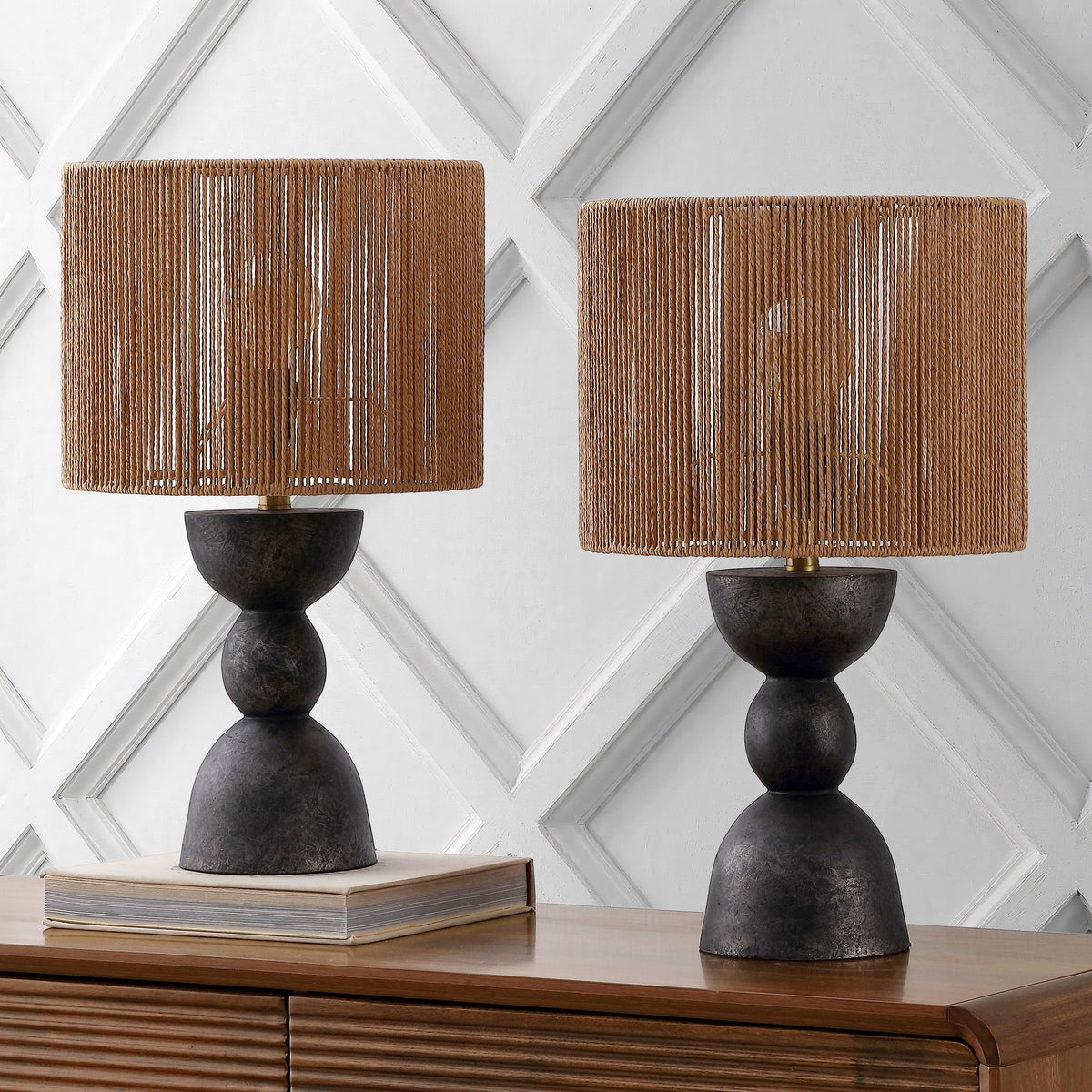 Sherry 22" Bohemian Coastal Hourglass Totem Resin with Hand-Woven Paper Rope Drum Shade LED Table Lamp, Set of 2