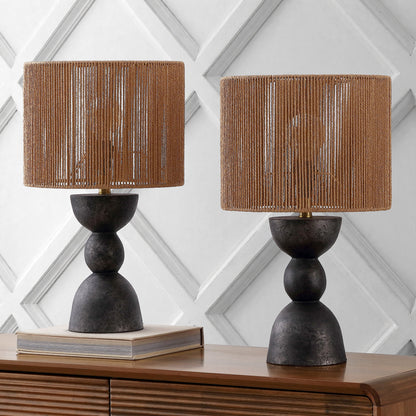 Sherry 22" Bohemian Coastal Hourglass Totem Resin with Hand-Woven Paper Rope Drum Shade LED Table Lamp, Set of 2