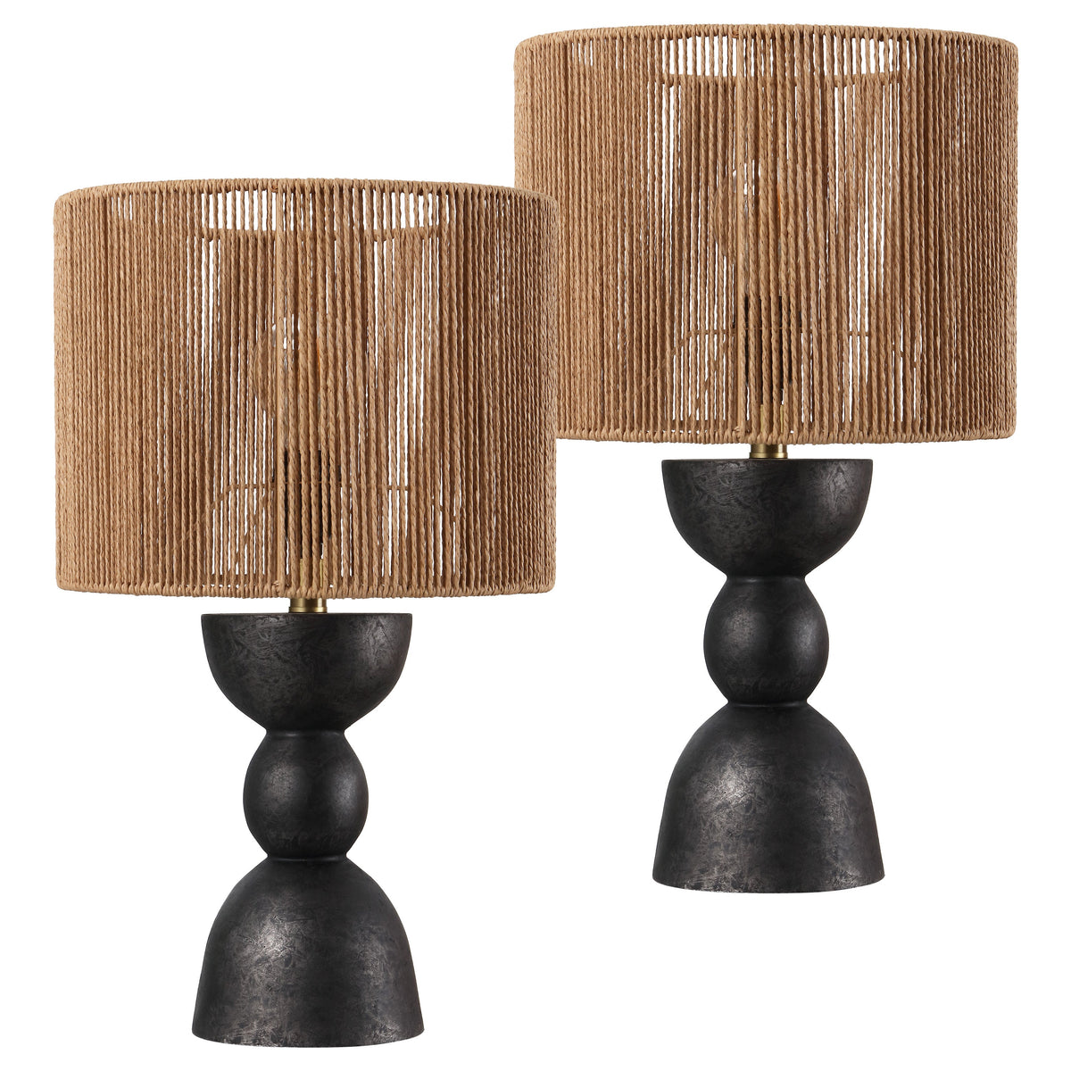 Sherry 22" Bohemian Coastal Hourglass Totem Resin with Hand-Woven Paper Rope Drum Shade LED Table Lamp, Set of 2