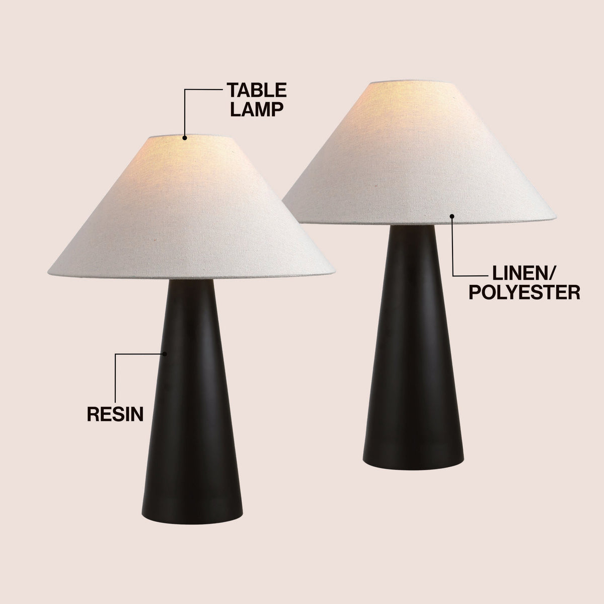 Harrison 22.5" Modern Contemporary Sculptural Tapered Cone Resin LED Table Lamp, Matte Black (Set of 2)