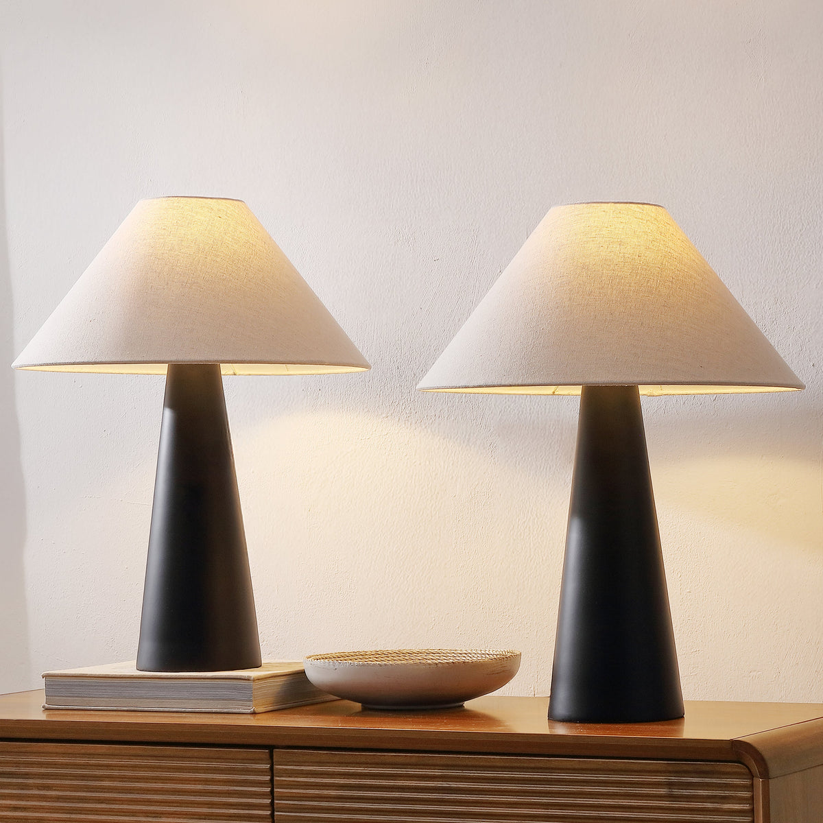 Harrison 22.5" Modern Contemporary Sculptural Tapered Cone Resin LED Table Lamp, Matte Black (Set of 2)