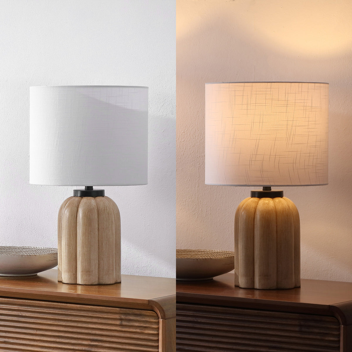 Royce 18.25" Rustic Farmhouse Fluted Scalloped Gourd Resin/Metal LED Table Lamp, Antique Light Brown Wood Finish (Set of 2)