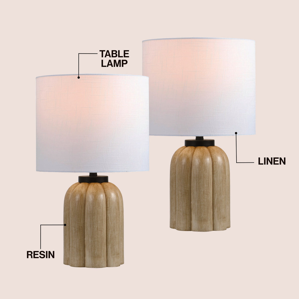 Royce 18.25" Rustic Farmhouse Fluted Scalloped Gourd Resin/Metal LED Table Lamp, Antique Light Brown Wood Finish (Set of 2)