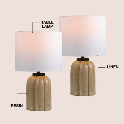 Royce 18.25" Rustic Farmhouse Fluted Scalloped Gourd Resin/Metal LED Table Lamp, Antique Light Brown Wood Finish (Set of 2)