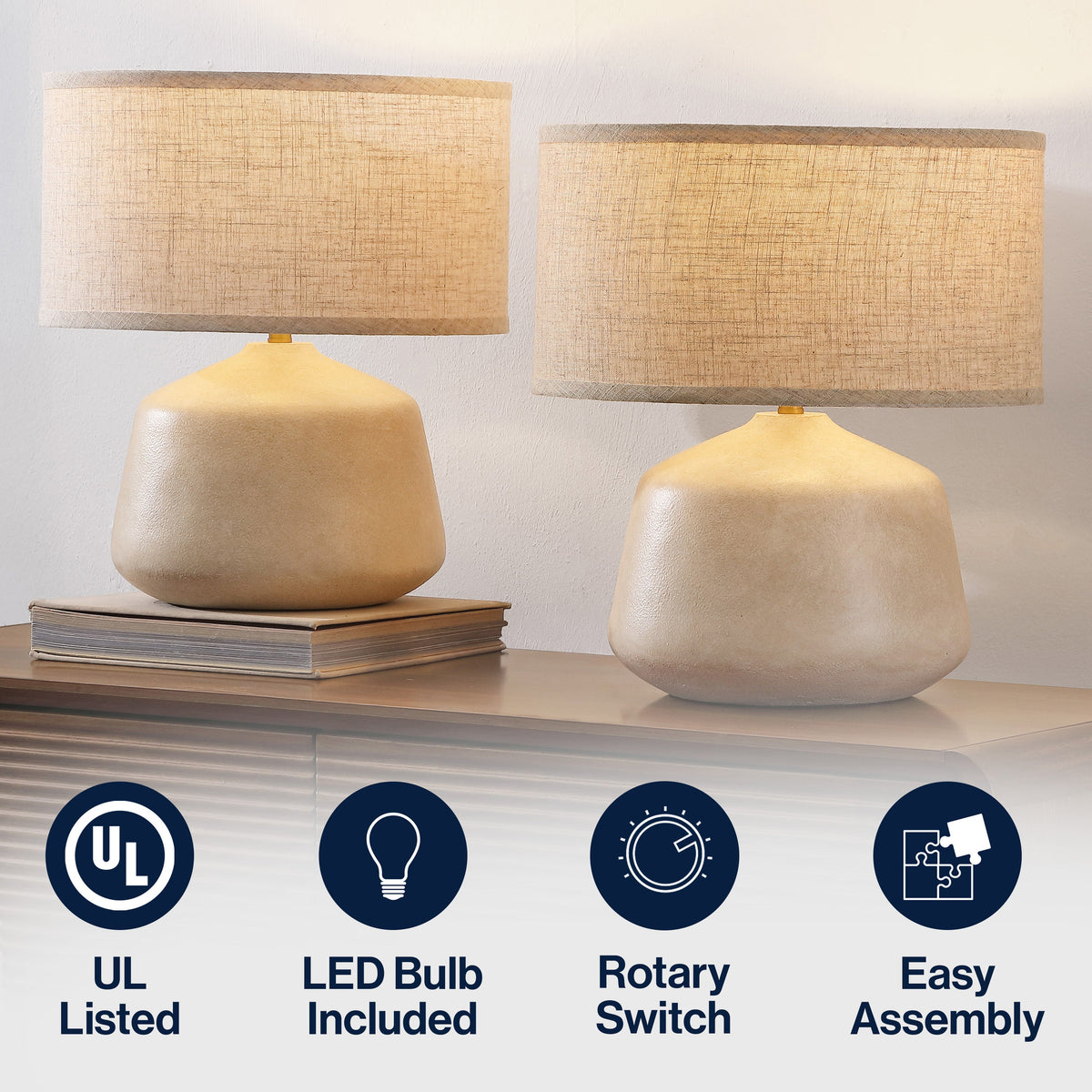 Mikel 17.25" Organic Modern Tapered Sculptural Textured Ceramic-Look Resin LED Table Lamp, Cream (Set of 2)