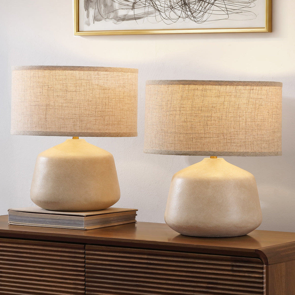Mikel 17.25" Organic Modern Tapered Sculptural Textured Ceramic-Look Resin LED Table Lamp, Cream (Set of 2)