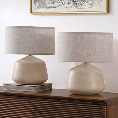 Mikel 17.25" Organic Modern Tapered Sculptural Textured Ceramic-Look Resin LED Table Lamp, Cream (Set of 2)