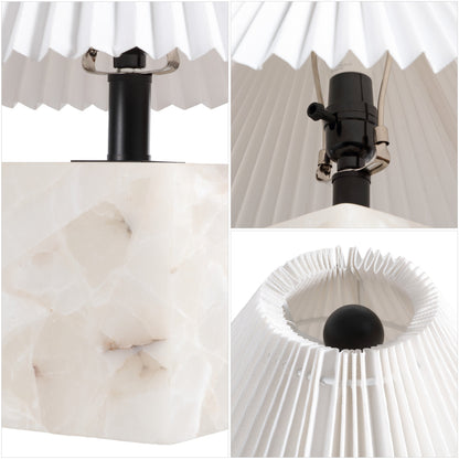 Hermin 16.5" Contemporary Minimalist Geometric Sculptural Alabaster Cube Metal LED Table Lamp with Nightlight Base and Pleated Shade, White