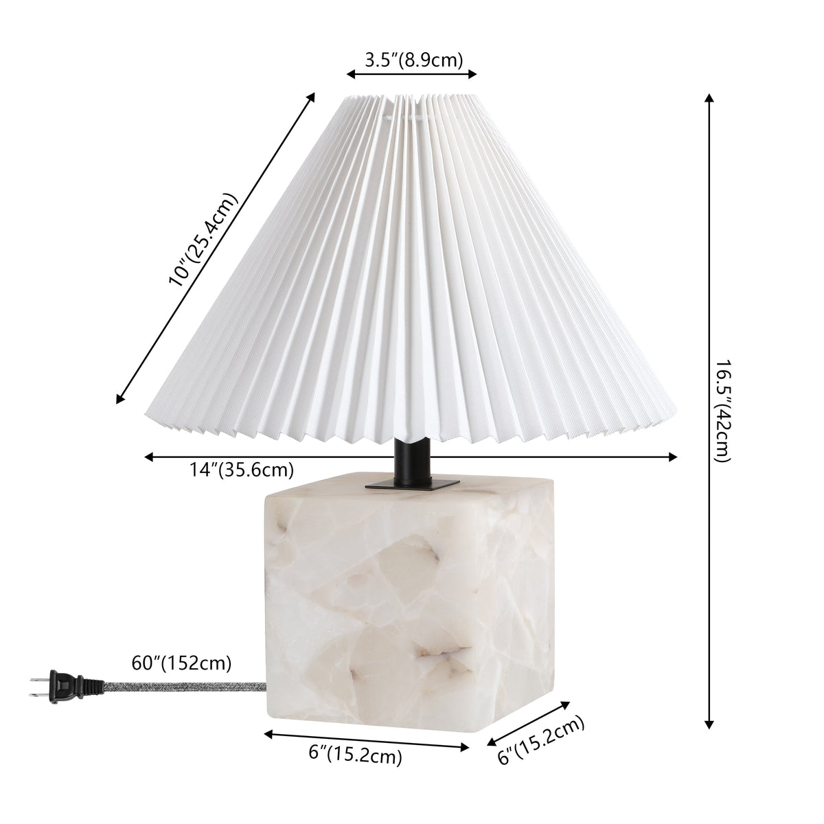 Hermin 16.5" Contemporary Minimalist Geometric Sculptural Alabaster Cube Metal LED Table Lamp with Nightlight Base and Pleated Shade, White