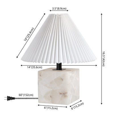 Hermin 16.5" Contemporary Minimalist Geometric Sculptural Alabaster Cube Metal LED Table Lamp with Nightlight Base and Pleated Shade, White