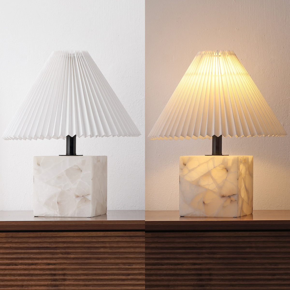 Hermin 16.5" Contemporary Minimalist Geometric Sculptural Alabaster Cube Metal LED Table Lamp with Nightlight Base and Pleated Shade, White
