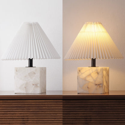 Hermin 16.5" Contemporary Minimalist Geometric Sculptural Alabaster Cube Metal LED Table Lamp with Nightlight Base and Pleated Shade, White