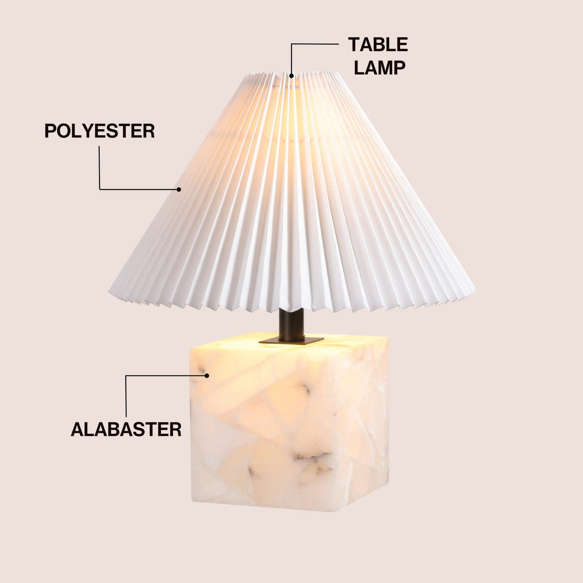Hermin 16.5" Contemporary Minimalist Geometric Sculptural Alabaster Cube Metal LED Table Lamp with Nightlight Base and Pleated Shade, White