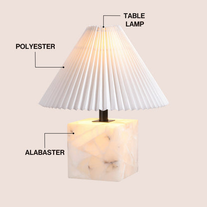 Hermin 16.5" Contemporary Minimalist Geometric Sculptural Alabaster Cube Metal LED Table Lamp with Nightlight Base and Pleated Shade, White
