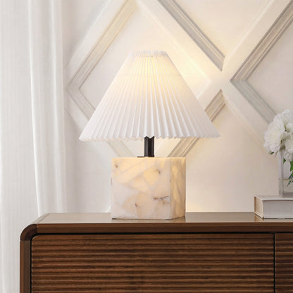 Hermin 16.5" Contemporary Minimalist Geometric Sculptural Alabaster Cube Metal LED Table Lamp with Nightlight Base and Pleated Shade, White
