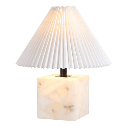 Hermin 16.5" Contemporary Minimalist Geometric Sculptural Alabaster Cube Metal LED Table Lamp with Nightlight Base and Pleated Shade, White