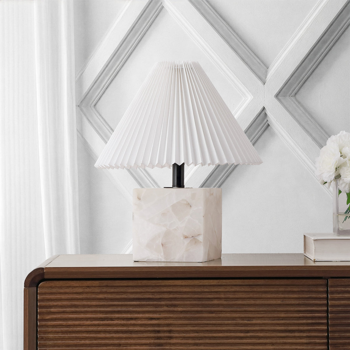 Hermin 16.5" Contemporary Minimalist Geometric Sculptural Alabaster Cube Metal LED Table Lamp with Nightlight Base and Pleated Shade, White