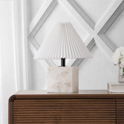 Hermin 16.5" Contemporary Minimalist Geometric Sculptural Alabaster Cube Metal LED Table Lamp with Nightlight Base and Pleated Shade, White