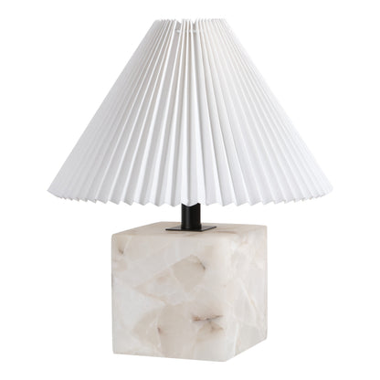 Hermin 16.5" Contemporary Minimalist Geometric Sculptural Alabaster Cube Metal LED Table Lamp with Nightlight Base and Pleated Shade, White