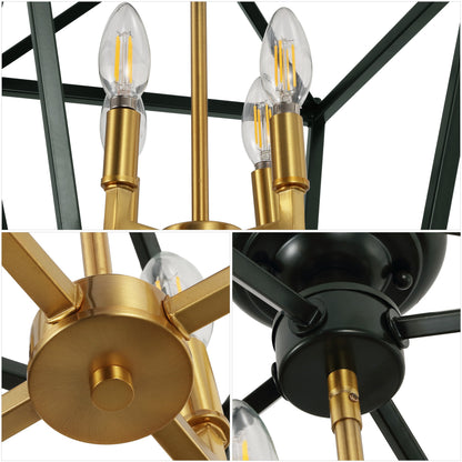 Plains 12" 4-Light Modern Farmhouse Metal Open-Frame Pagoda LED Semi Flush Mount Mini Lantern, Dark Green/Brass Gold