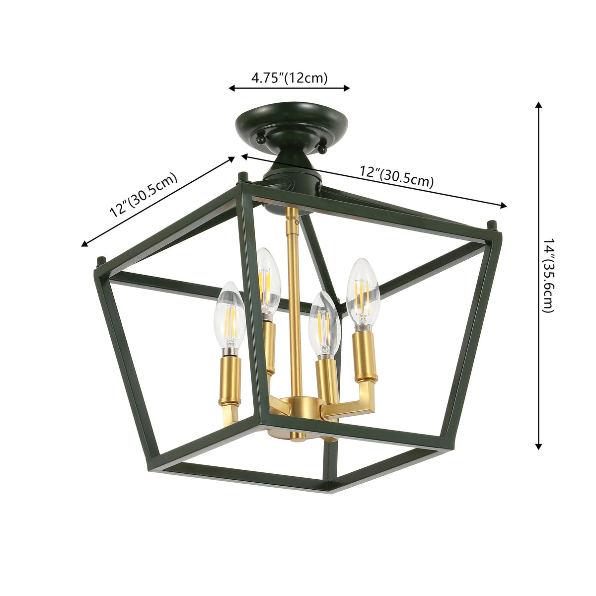 Plains 12" 4-Light Modern Farmhouse Metal Open-Frame Pagoda LED Semi Flush Mount Mini Lantern, Dark Green/Brass Gold