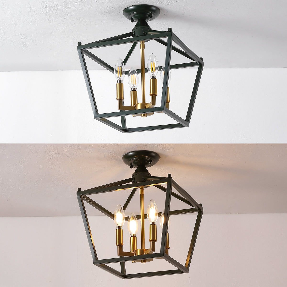 Plains 12" 4-Light Modern Farmhouse Metal Open-Frame Pagoda LED Semi Flush Mount Mini Lantern, Dark Green/Brass Gold