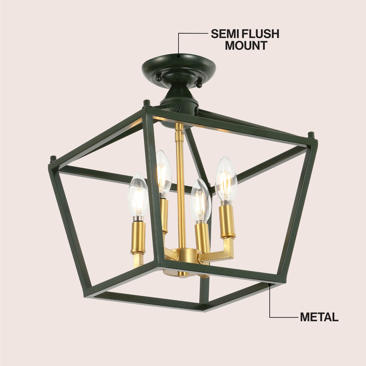 Plains 12" 4-Light Modern Farmhouse Metal Open-Frame Pagoda LED Semi Flush Mount Mini Lantern, Dark Green/Brass Gold