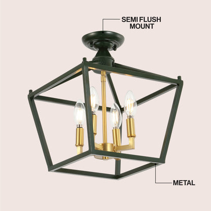 Plains 12" 4-Light Modern Farmhouse Metal Open-Frame Pagoda LED Semi Flush Mount Mini Lantern, Dark Green/Brass Gold