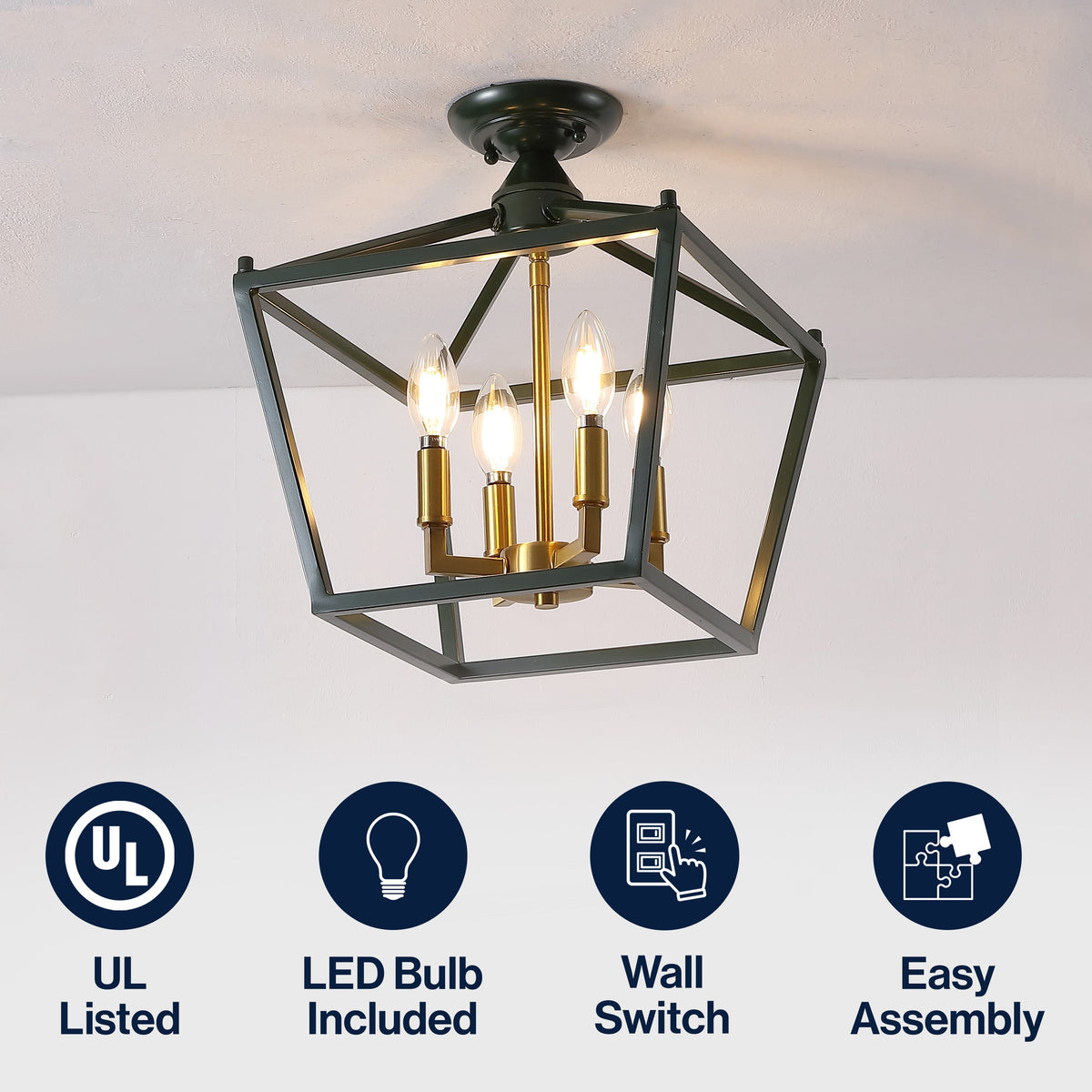 Plains 12" 4-Light Modern Farmhouse Metal Open-Frame Pagoda LED Semi Flush Mount Mini Lantern, Dark Green/Brass Gold