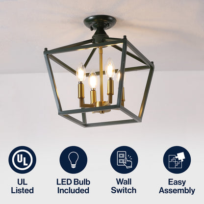Plains 12" 4-Light Modern Farmhouse Metal Open-Frame Pagoda LED Semi Flush Mount Mini Lantern, Dark Green/Brass Gold