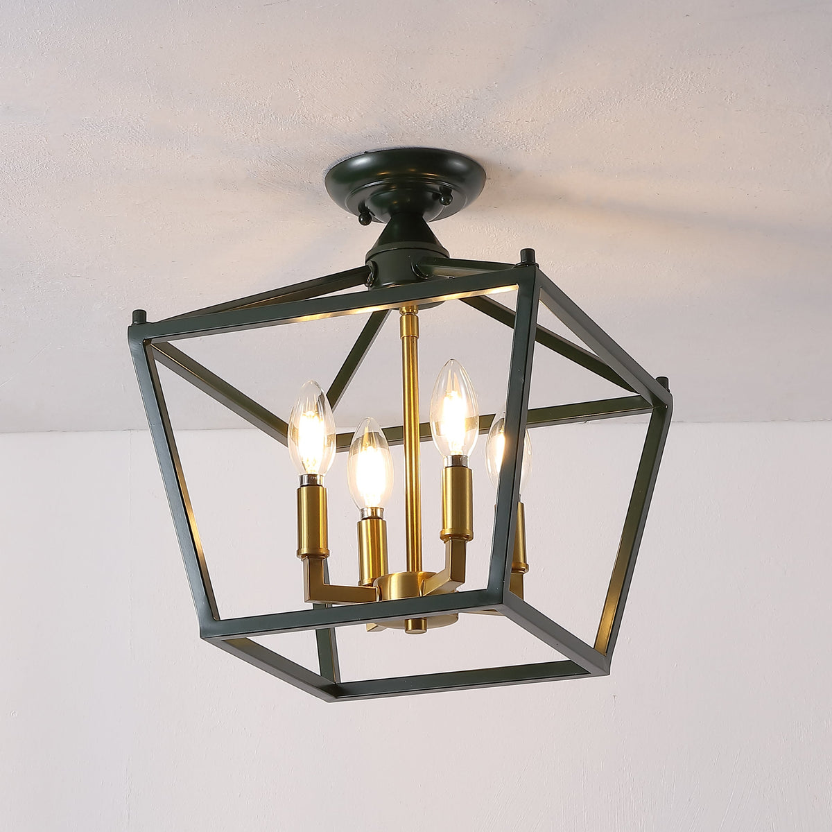Plains 12" 4-Light Modern Farmhouse Metal Open-Frame Pagoda LED Semi Flush Mount Mini Lantern, Dark Green/Brass Gold
