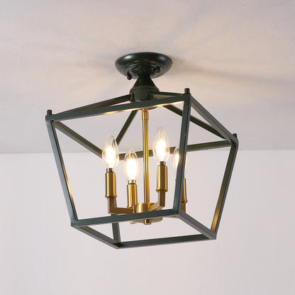 Plains 12" 4-Light Modern Farmhouse Metal Open-Frame Pagoda LED Semi Flush Mount Mini Lantern, Dark Green/Brass Gold