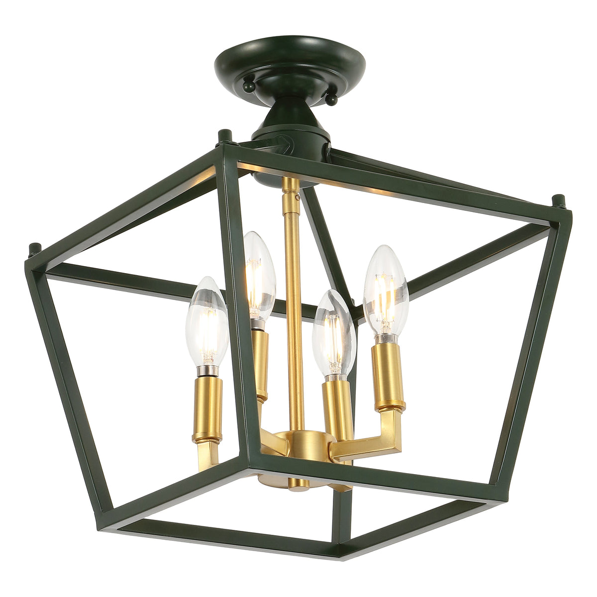 Plains 12" 4-Light Modern Farmhouse Metal Open-Frame Pagoda LED Semi Flush Mount Mini Lantern, Dark Green/Brass Gold