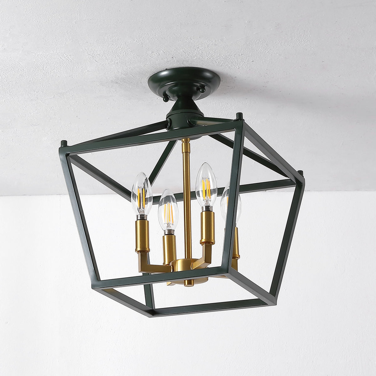 Plains 12" 4-Light Modern Farmhouse Metal Open-Frame Pagoda LED Semi Flush Mount Mini Lantern, Dark Green/Brass Gold