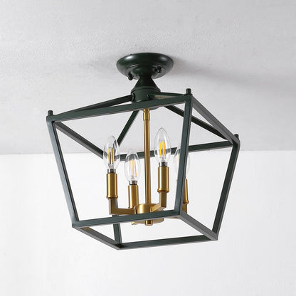 Plains 12" 4-Light Modern Farmhouse Metal Open-Frame Pagoda LED Semi Flush Mount Mini Lantern, Dark Green/Brass Gold