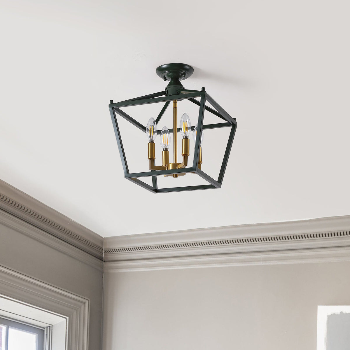 Plains 12" 4-Light Modern Farmhouse Metal Open-Frame Pagoda LED Semi Flush Mount Mini Lantern, Dark Green/Brass Gold