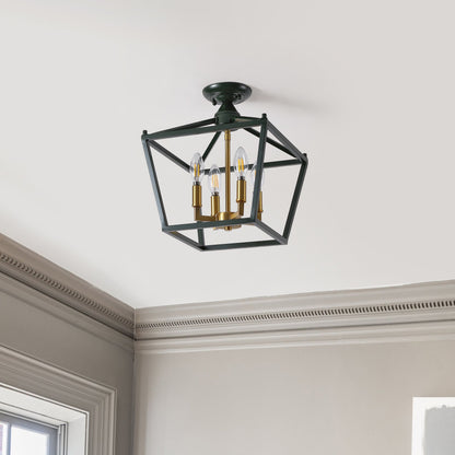 Plains 12" 4-Light Modern Farmhouse Metal Open-Frame Pagoda LED Semi Flush Mount Mini Lantern, Dark Green/Brass Gold
