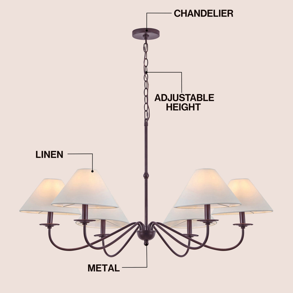 Phoebe 41.5" 6-Light Grand French Country Farmhouse Adjustable Swooping Arm Candle-Style Metal LED Chandelier