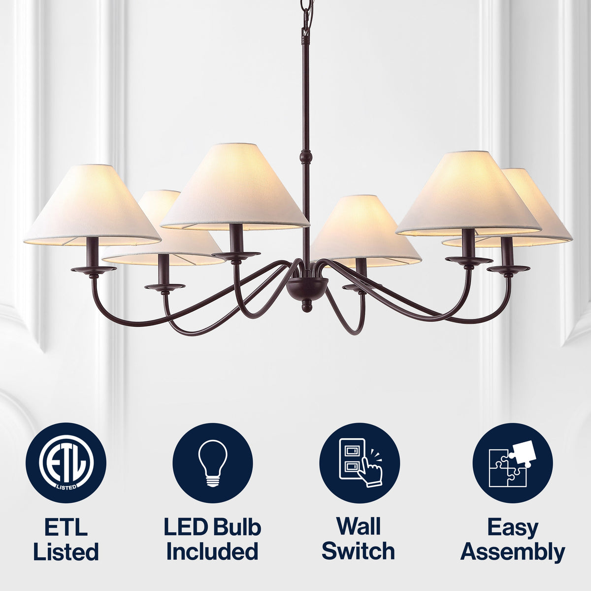 Phoebe 41.5" 6-Light Grand French Country Farmhouse Adjustable Swooping Arm Candle-Style Metal LED Chandelier